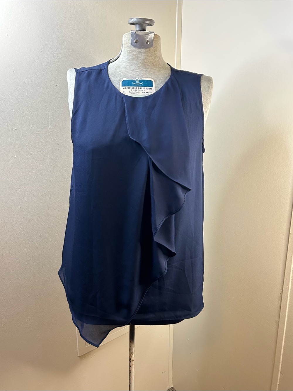 Navy Sleeveless Blouse w/Front Ruffle